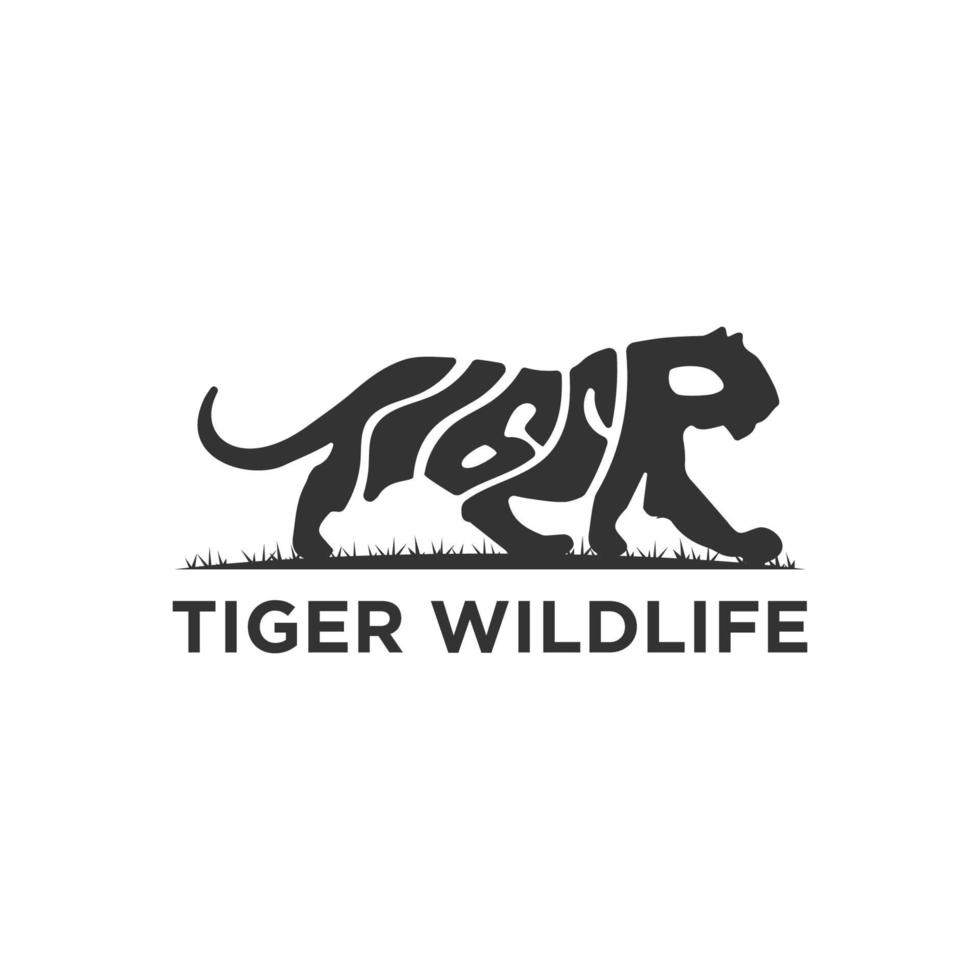 vecteur de conception de logo d'animal de la faune tigre, icône avec texte de distorsion en forme d'illustration de tigre