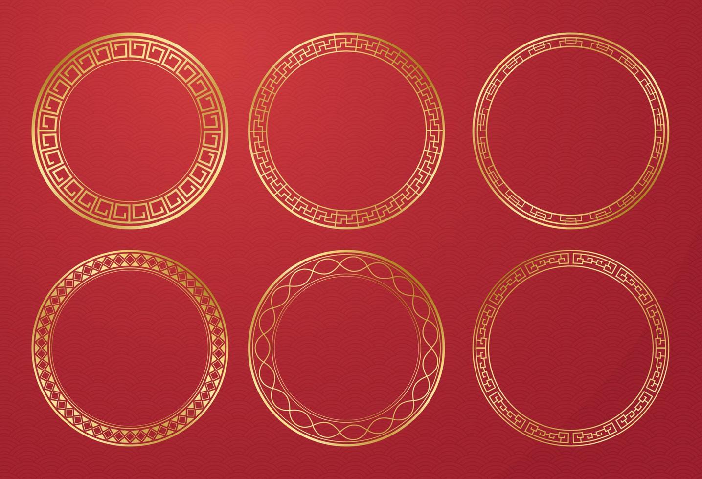collection définie vecteur cercle traditionnel décoratif bordure dorée embellissement de cadre rond pour célébrer le festival du nouvel an chinois. motif de méandre floral style d'ornement de motif de ligne asiatique oriental.