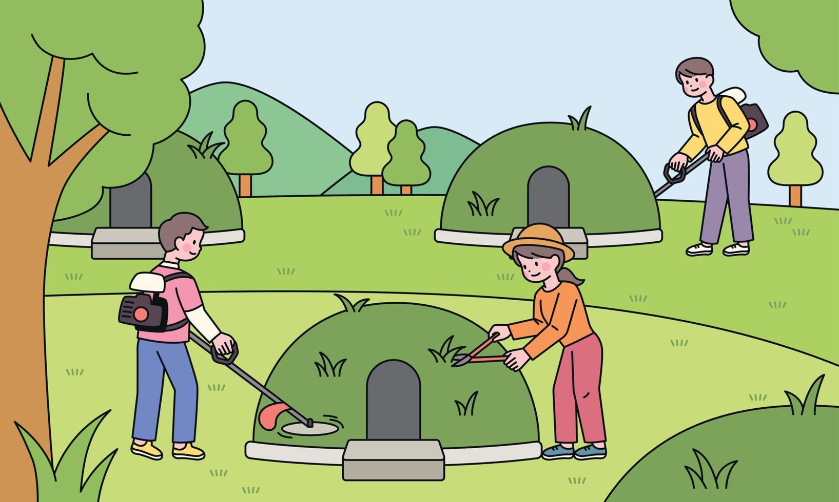 au cimetière dans la nature, la famille endeuillée coupe l'herbe sur la tombe. vecteur