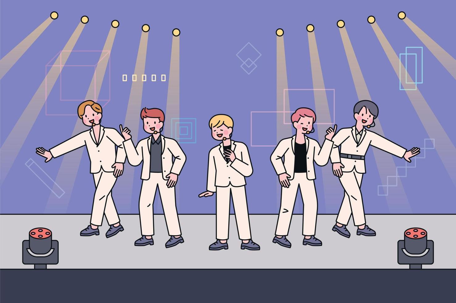 une idole d'un groupe de garçons se produit sur une scène chic. ils dansent et chantent sur scène. vecteur