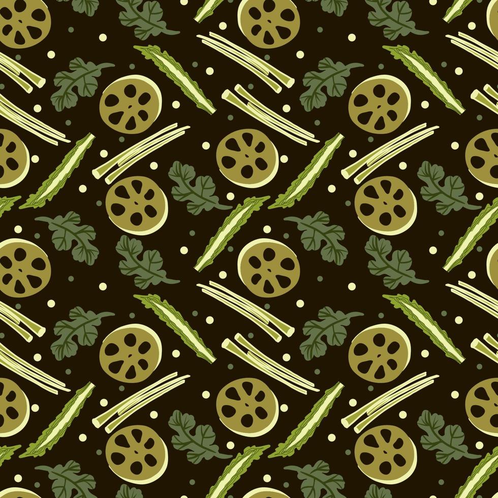 image vectorielle motif harmonieux de nourriture panasienne avec des plats asiatiques tels que des sushis japonais, des racines de lotus, des gingembres, des champignons, des légumes, du wasabi. vecteur