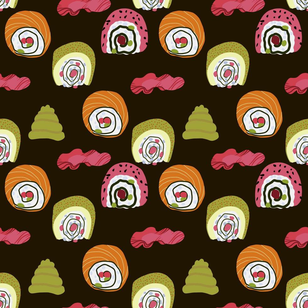 image vectorielle motif harmonieux de nourriture panasienne avec des plats asiatiques tels que des sushis japonais, des racines de lotus, des gingembres, des champignons, des légumes, du wasabi. vecteur