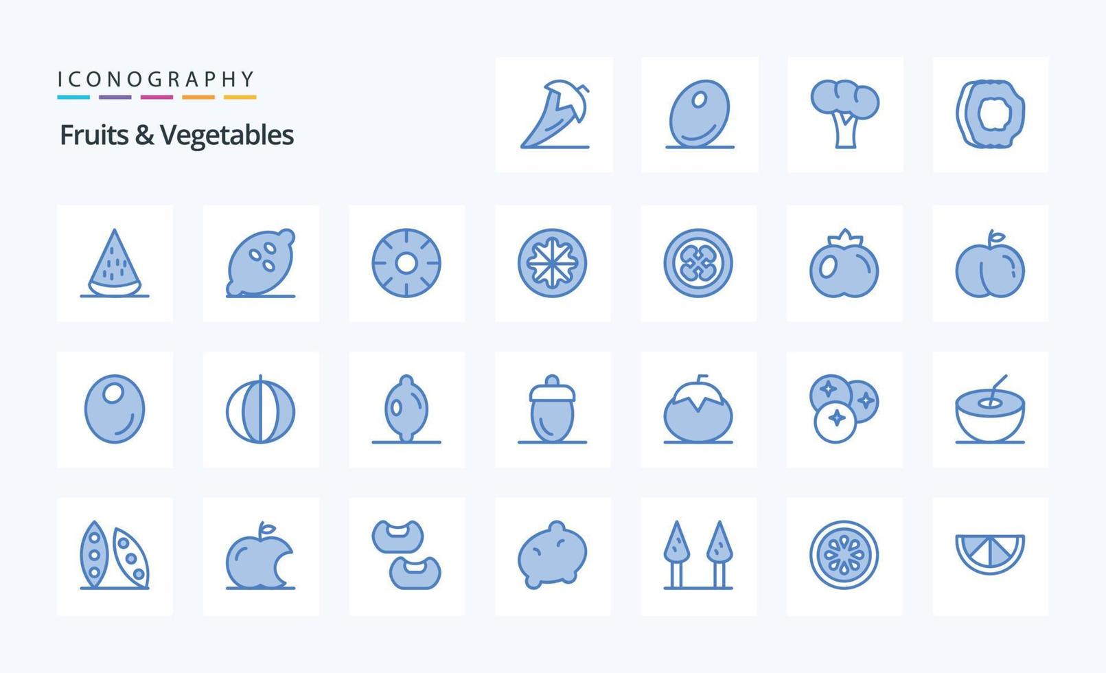 pack d'icônes bleues de 25 fruits et légumes vecteur