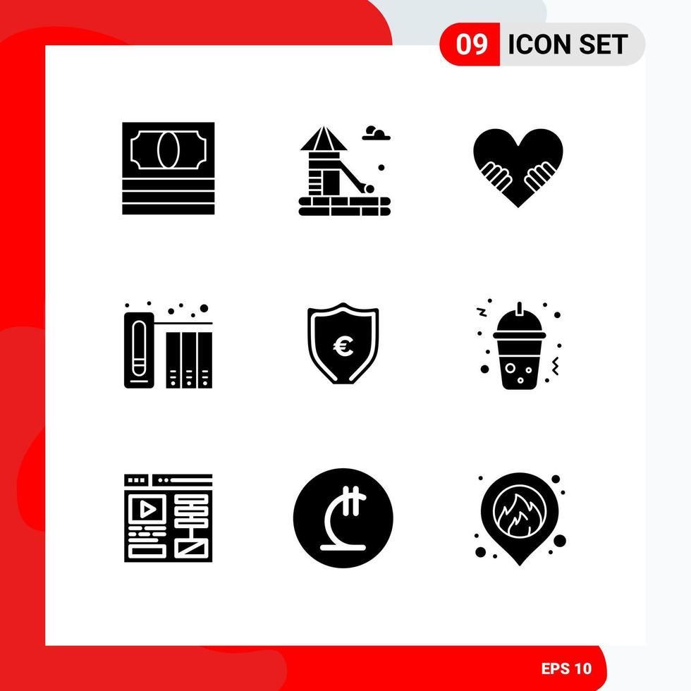 interface mobile ensemble de glyphes solides de 9 pictogrammes d'éléments de conception vectoriels modifiables de l'histoire de l'argent de la saint-valentin du bouclier de frappe vecteur