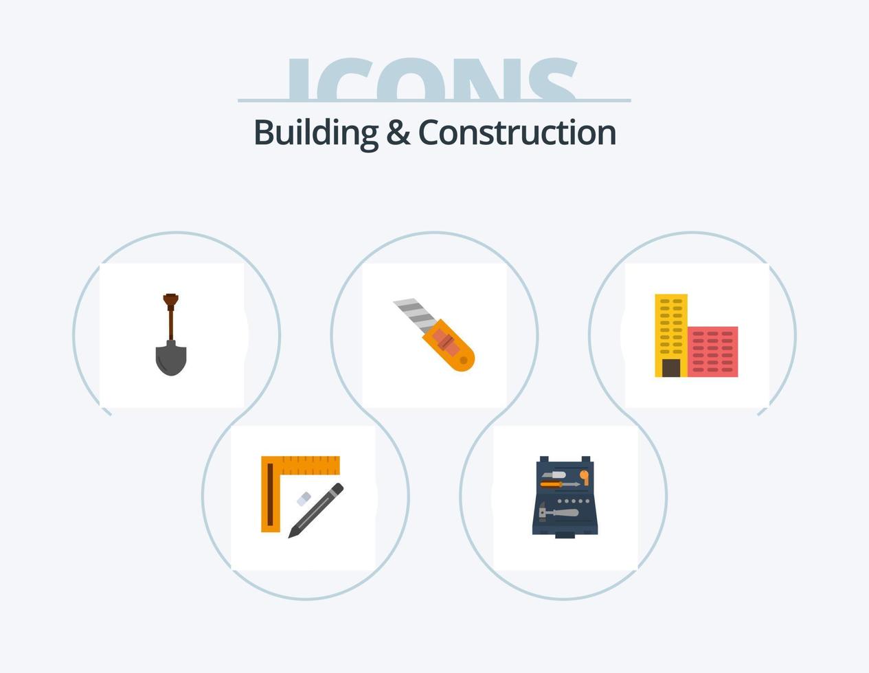 bâtiment et construction icône plate pack 5 conception d'icônes. réparation. couteau. réparation. creusement. outil vecteur