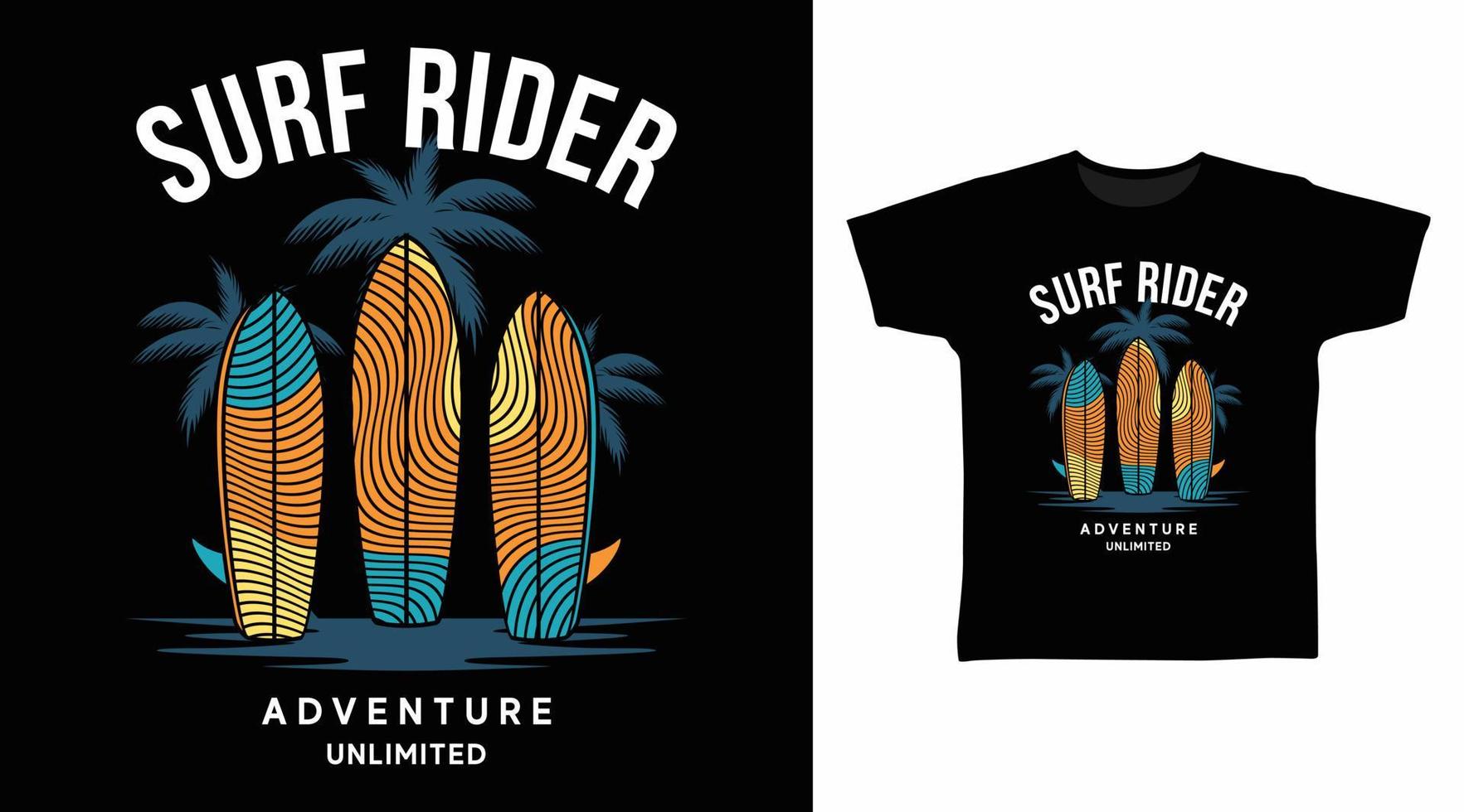 vecteur de conception de surf rider avec illustration de planche de surf, prêt à être imprimé sur un t-shirt