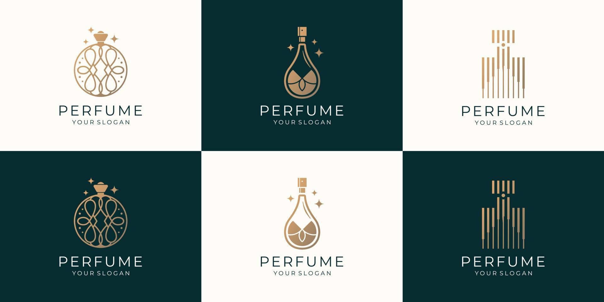 ensemble de modèle de logo de parfum de bouteille de luxe. logo pour cosmétique, beauté, salon, produit, soins de la peau. vecteur