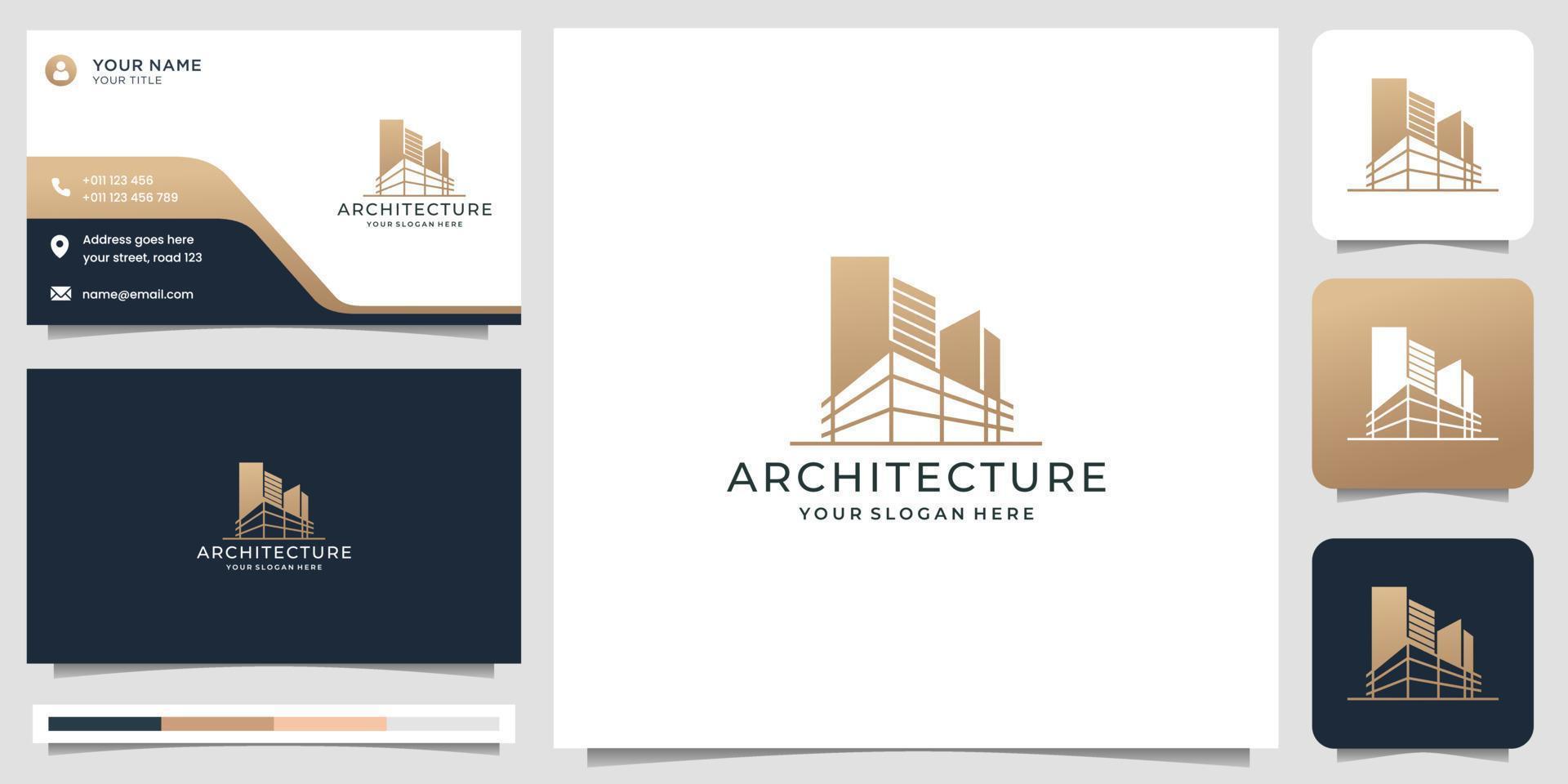 modèle de logo architectural avec carte de visite. architecte de construction et art de conception de croquis linéaires. vecteur