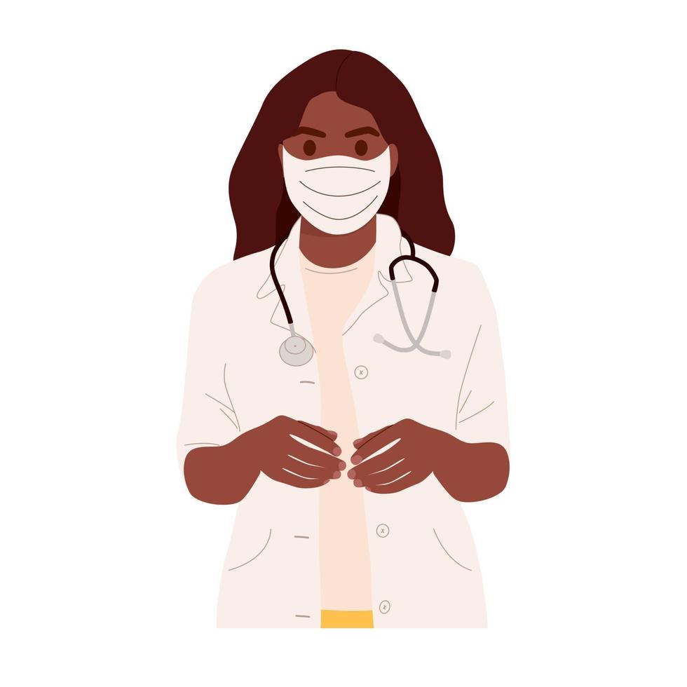 portrait de femme médecin en masque de protection isolé sur fond blanc. femme médecin avec stéthoscope souriant. thérapeute femme afro-américaine en uniforme médical. illustration vectorielle plane vecteur