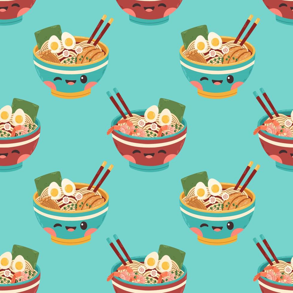soupe de nouilles à motif ramen sans couture dans le bol avec crevettes et vecteur de conception d'illustration de poulet. illustration vectorielle