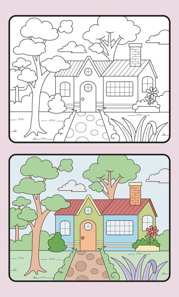 apprendre la coloration pour les enfants et l'école primaire. maison, arbre, jardin. vecteur