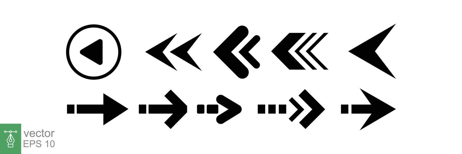 ensemble d'icônes de flèche noire. collection de différents signes de flèches. rond, panneau de direction pour l'infographie, gauche, droite, étroit, symbole vers l'avant. conception d'illustration vectorielle isolée sur fond blanc eps 10. vecteur