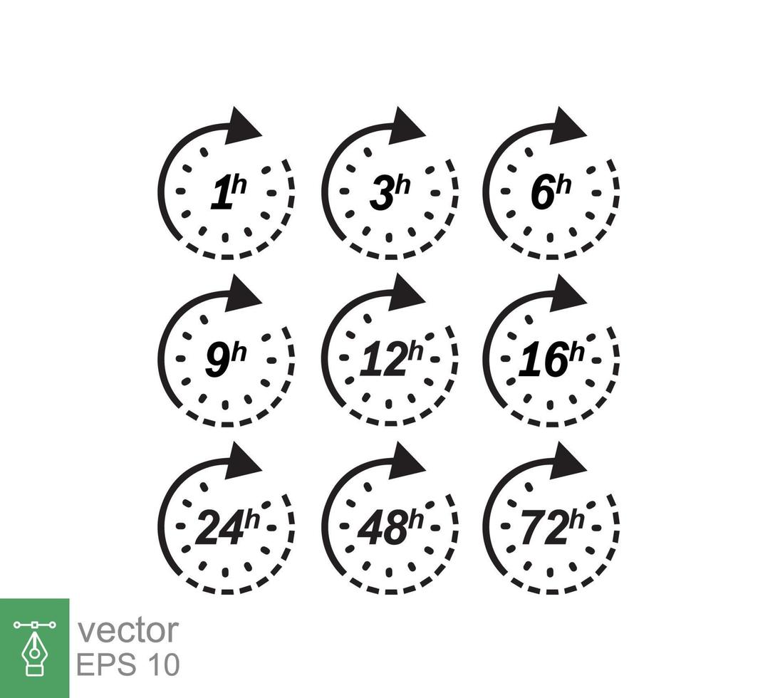 jeu d'icônes d'heure. flèche d'horloge 1, 3, 6, 9, 12, 16, 24, 48, 72 heures. ensemble de signe de symbole de temps de service de livraison. illustration vectorielle isolée sur fond blanc. ep 10. vecteur