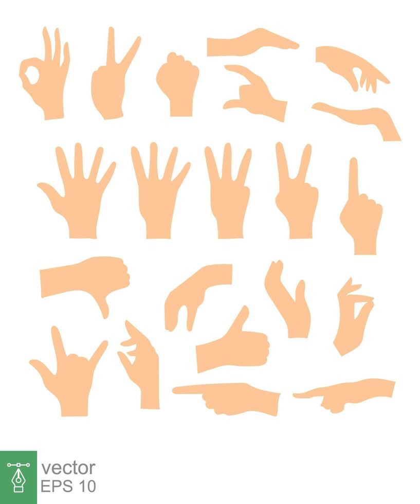 ensemble de mains montrant différents gestes isolés sur fond blanc. illustration vectorielle plate des mains féminines et masculines. illustration d'icône vectorielle. ep 10. vecteur
