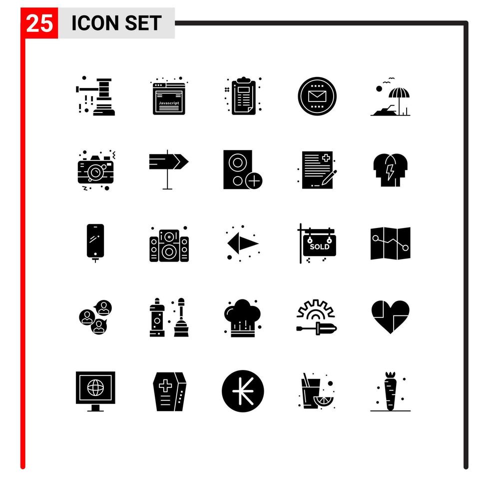groupe de 25 signes et symboles de glyphes solides pour les éléments de conception vectoriels modifiables de document de courrier électronique d'enveloppe de courrier vecteur