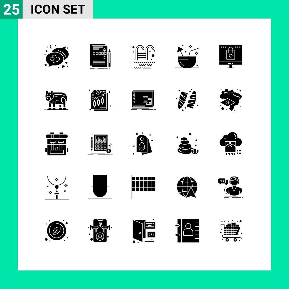 ensemble moderne de 25 pictogrammes de glyphes solides d'ordinateur piscine tropicale boisson d'été éléments de conception vectoriels modifiables vecteur