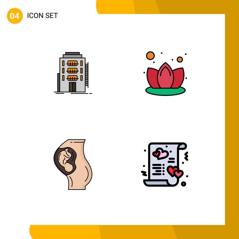 ensemble moderne de 4 couleurs et symboles plats remplis tels que la construction d'éléments de conception vectoriels modifiables en obstétrique de lotus d'auberge de grossesse vecteur