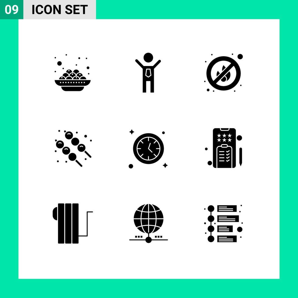 symboles d'icônes universels groupe de 9 glyphes solides modernes de marketing horloge feu regarder alimentaire éléments de conception vectoriels modifiables vecteur