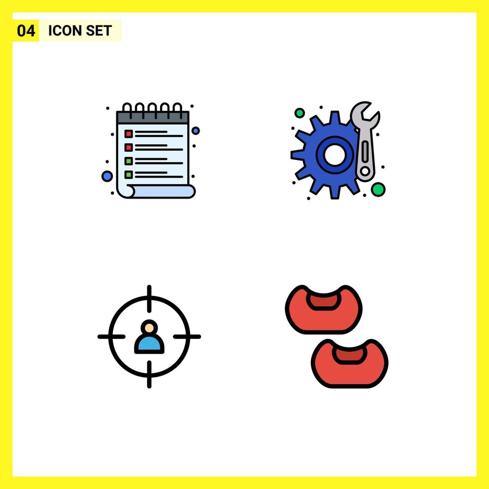 ensemble de pictogrammes de 4 couleurs plates simples remplies d'éléments de conception vectorielle modifiables de haricot de réparation de liste de contrôle de gestion de liste vecteur