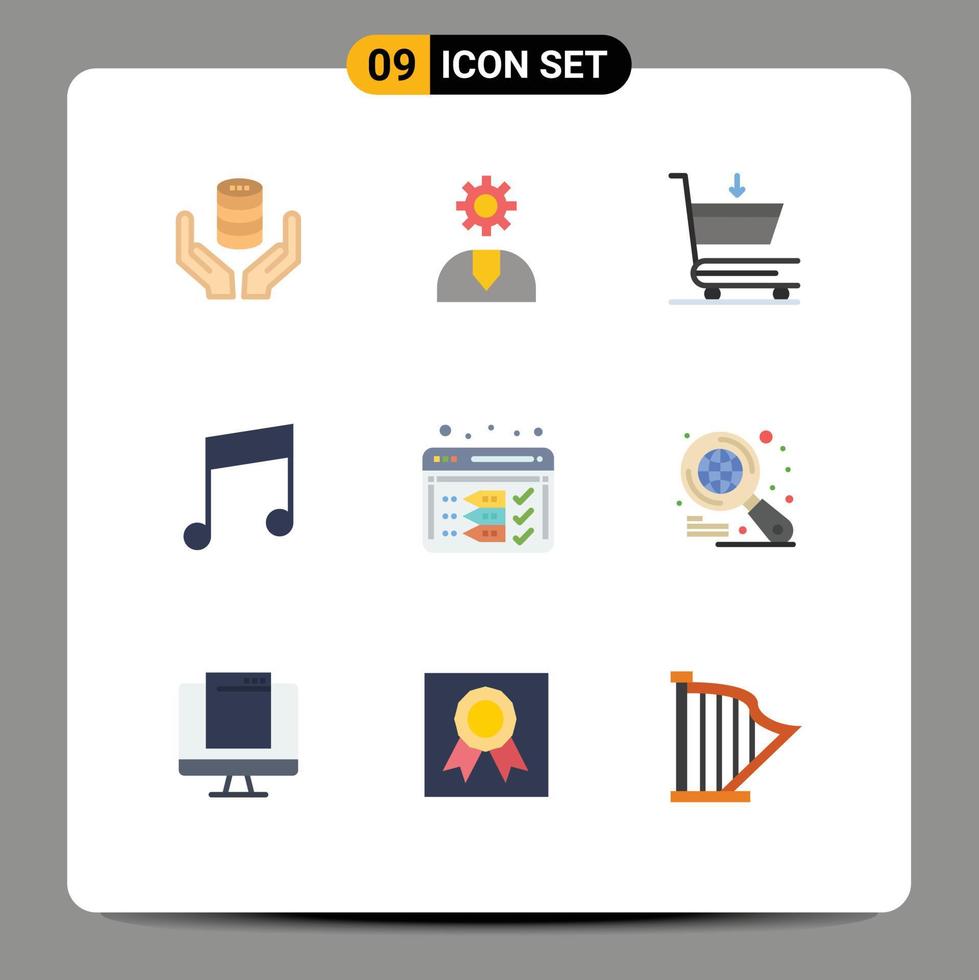 pack de 9 signes et symboles de couleurs plates modernes pour les supports d'impression Web tels que le service de note de développement musique shopping éléments de conception vectoriels modifiables vecteur