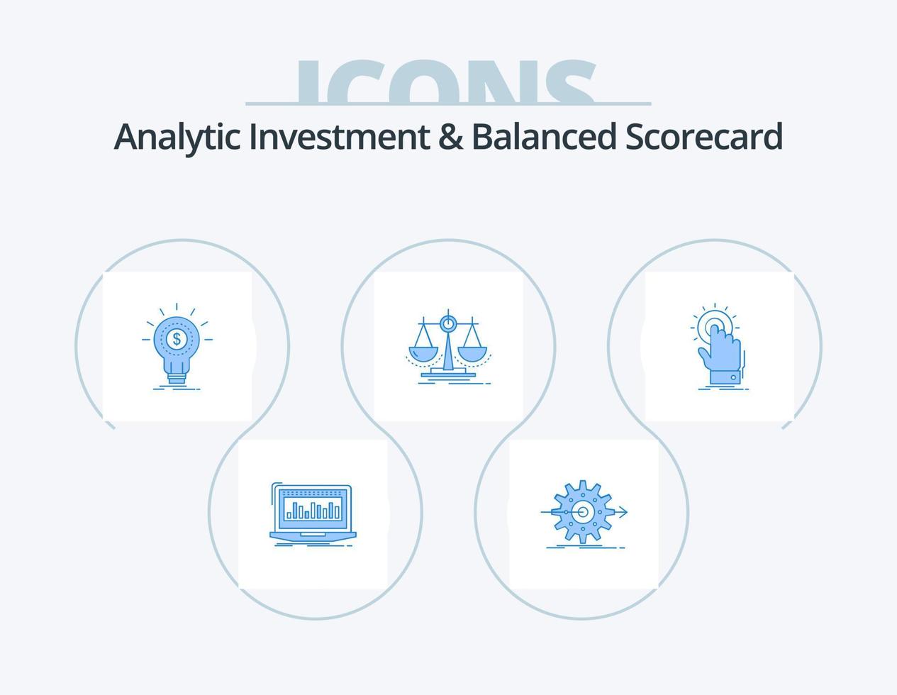 investissement analytique et tableau de bord équilibré bleu pack d'icônes 5 conception d'icônes. décision. Commencez. paramètre. argent. financier vecteur