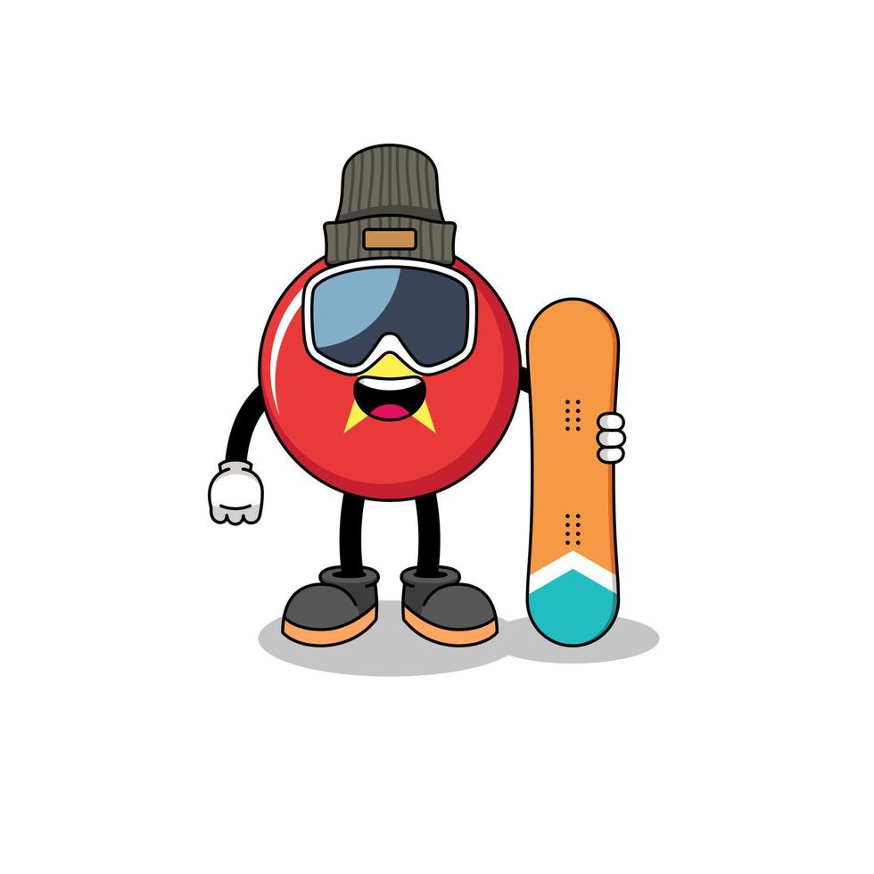 dessin animé de mascotte de joueur de snowboard drapeau vietnam vecteur