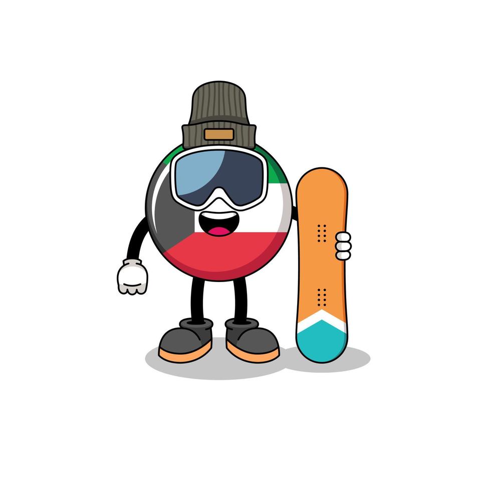 caricature de mascotte de joueur de snowboard drapeau koweït vecteur
