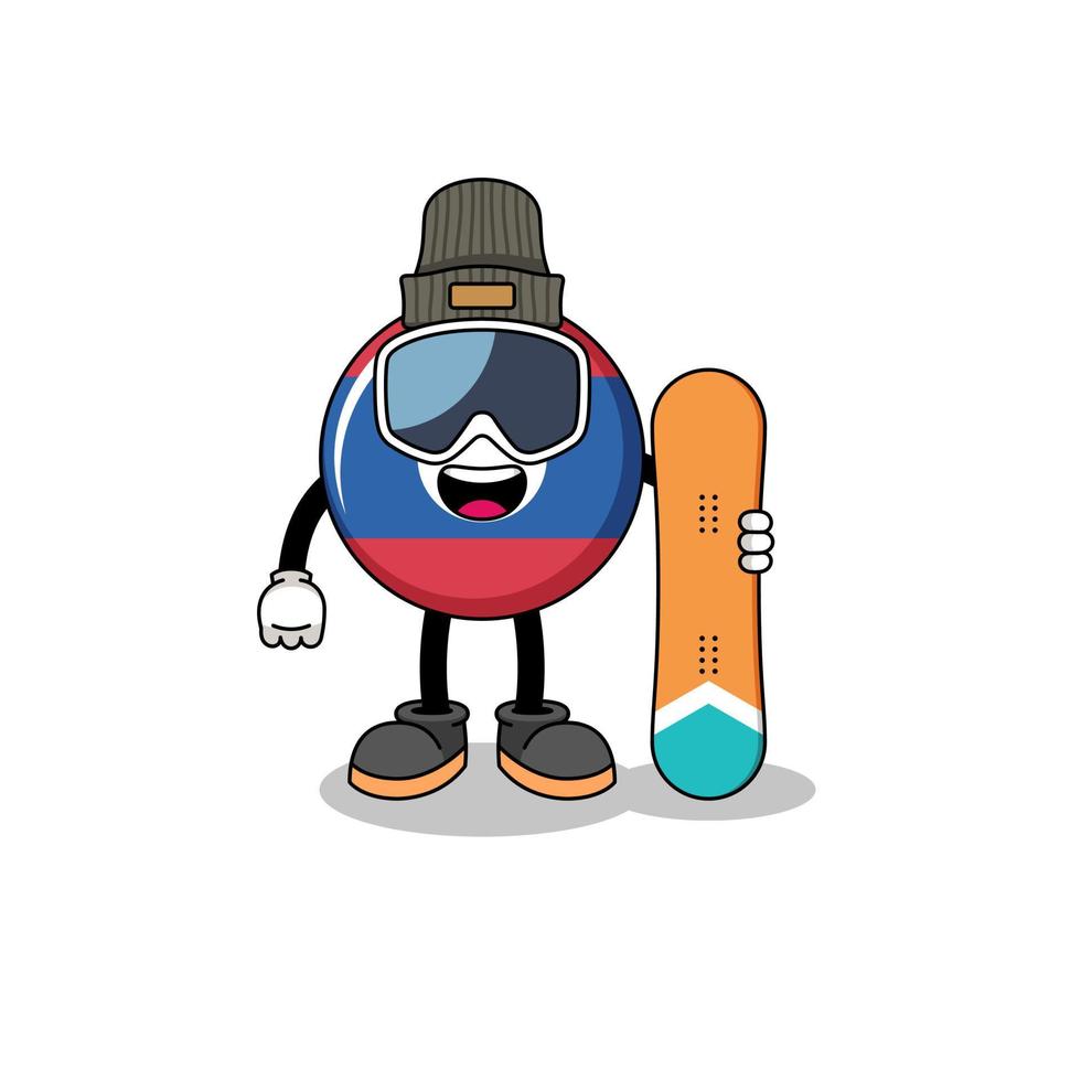 dessin animé de mascotte de joueur de snowboard drapeau laos vecteur