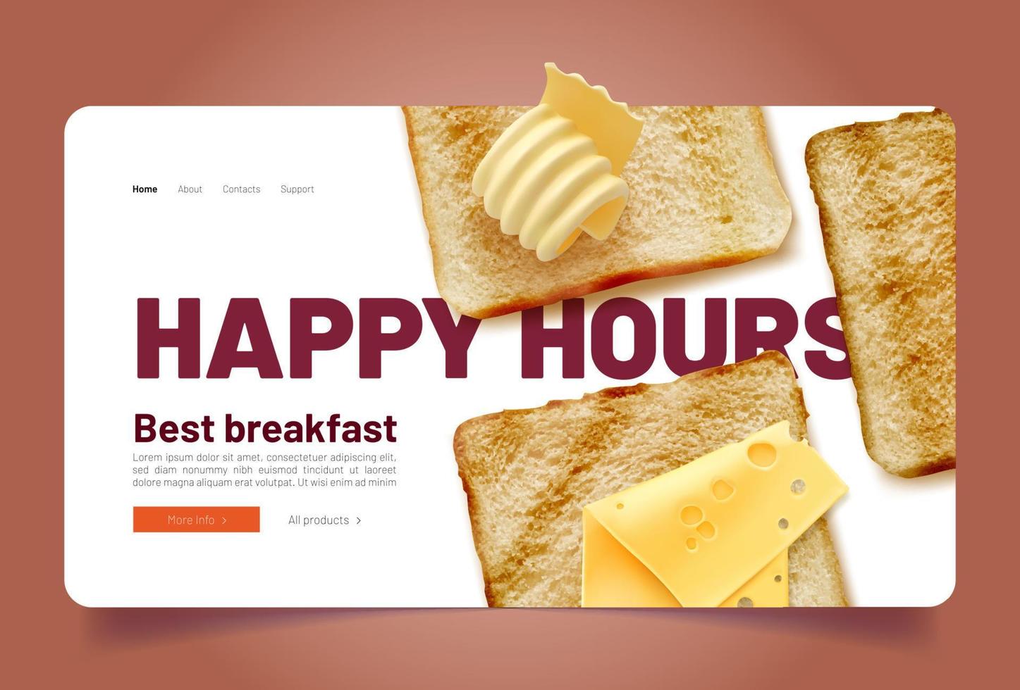 happy hours pour la page de destination du petit déjeuner avec des toasts vecteur