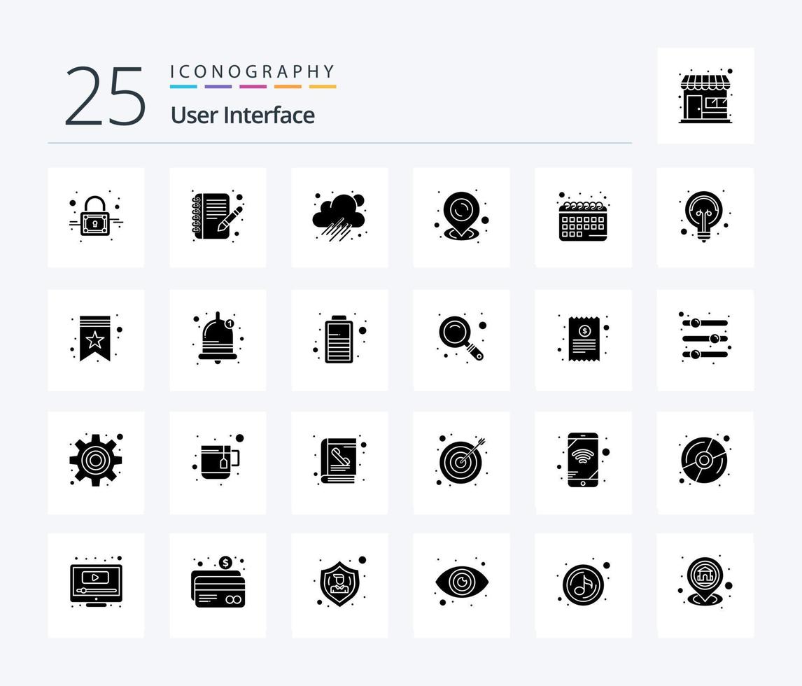 interface utilisateur 25 pack d'icônes de glyphes solides, y compris la lumière. ampoule. la météo. programme. rendez-vous vecteur