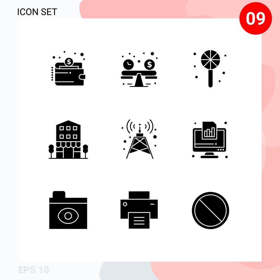 ensemble moderne de 9 pictogrammes de glyphes solides d'antenne de tour magasins d'halloween éléments de conception vectoriels modifiables au détail vecteur