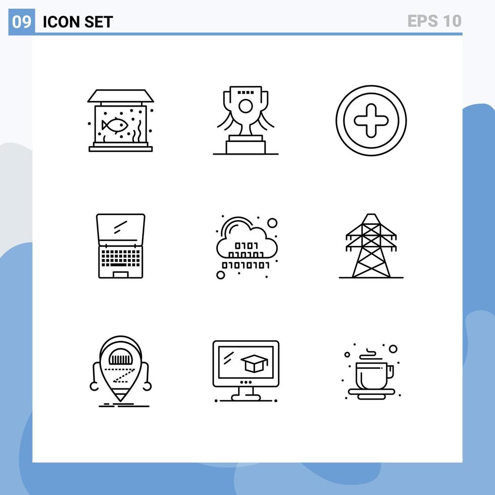 pack de 9 signes et symboles de contours modernes pour les supports d'impression Web tels que le code binaire plus les éléments de conception vectoriels modifiables de l'appareil à bascule vecteur