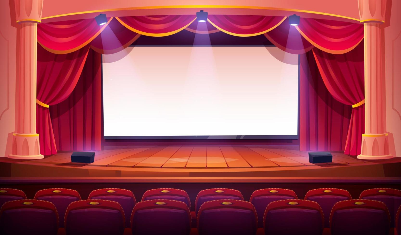 salle de cinéma avec écran blanc, rideaux, sièges vecteur