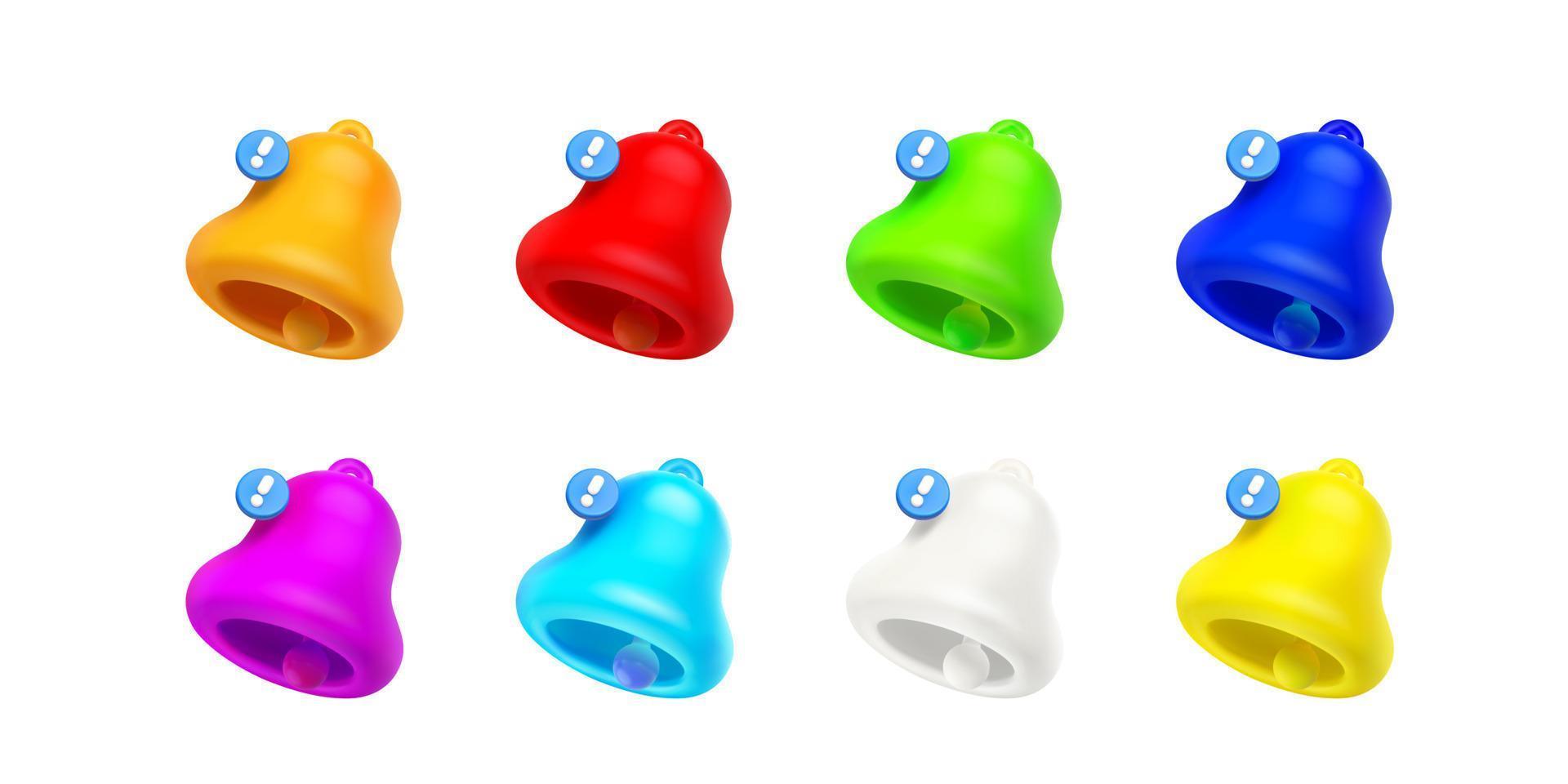 Cloches de notification de rendu 3d, message non lu en couleur vecteur