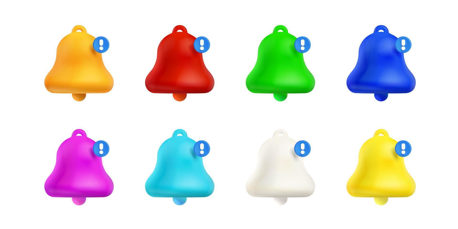 Cloches de notification de rendu 3d, message non lu en couleur vecteur