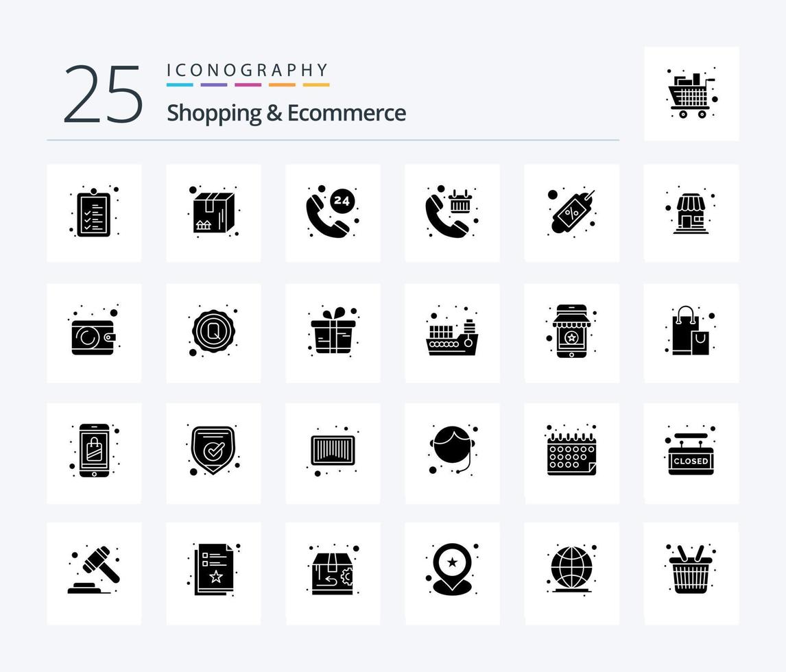 shopping et commerce électronique 25 pack d'icônes de glyphes solides comprenant un coupon. vérifier. livraison. panier. téléphoner à vecteur