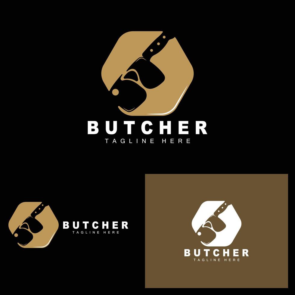 création de logo de boucher, modèle vectoriel d'outil de coupe de couteau, conception d'illustration de marque de produit pour boucherie, ferme, boucherie