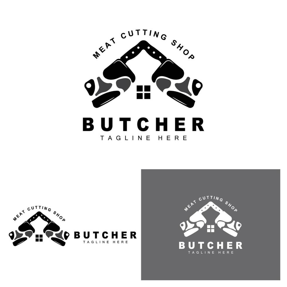 création de logo de boucher, modèle vectoriel d'outil de coupe de couteau, conception d'illustration de marque de produit pour boucherie, ferme, boucherie