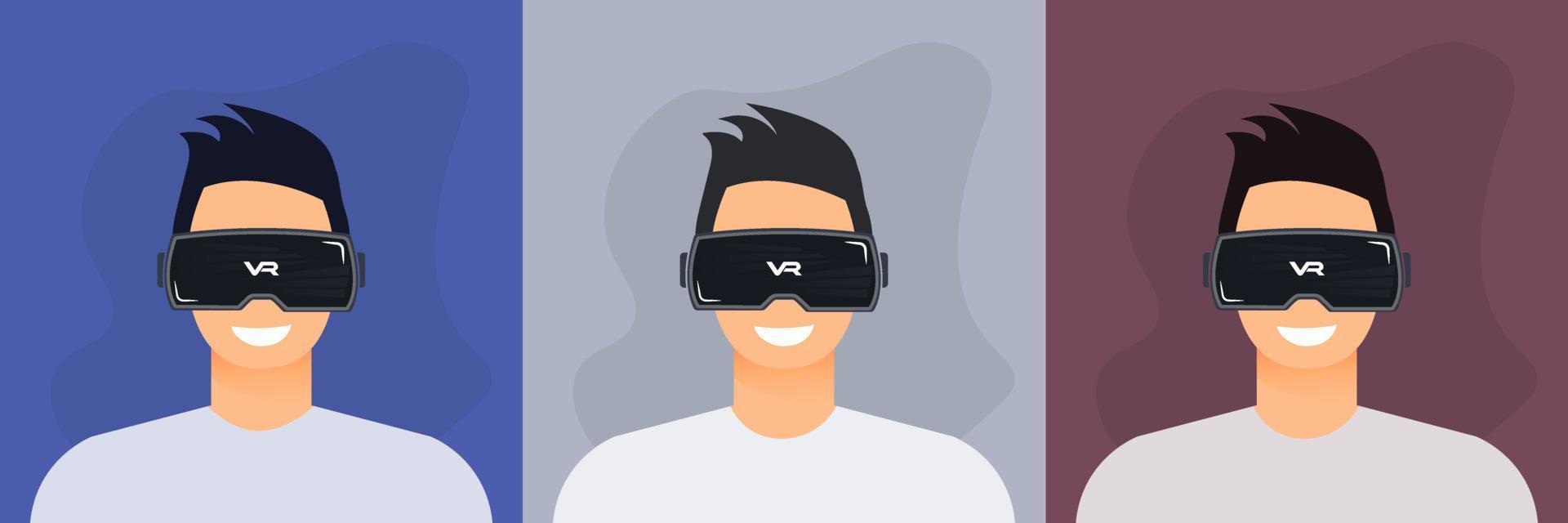 personnage masculin utilisant un appareil de réalité virtuelle. métaverse, vr, futur, gadgets, technologie, éducation en ligne, éducation, concept de jeu vidéo. illustration vectorielle vecteur