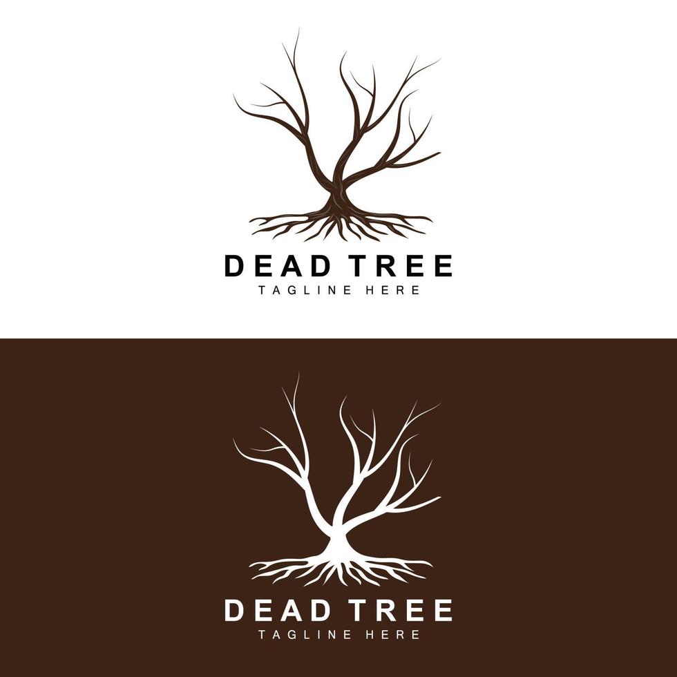 création de logo d'arbre, illustration d'arbre mort, coupe d'arbre sauvage, vecteur de réchauffement climatique, sécheresse de la terre, icônes de marque de produit