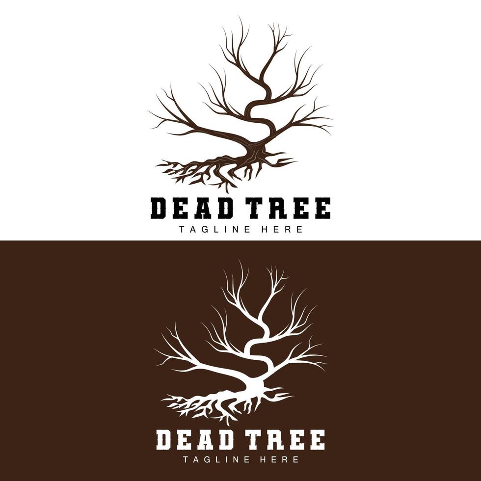 création de logo d'arbre, illustration d'arbre mort, coupe d'arbre sauvage, vecteur de réchauffement climatique, sécheresse de la terre, icônes de marque de produit