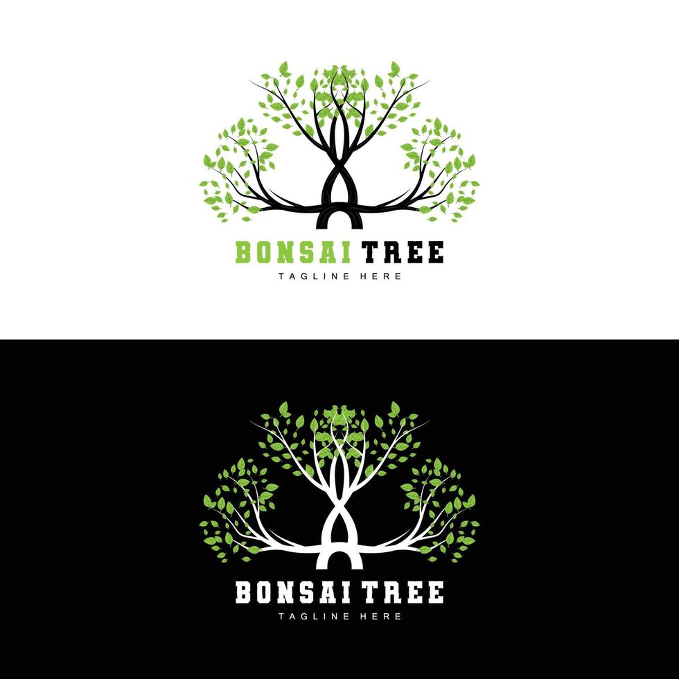 création de logo d'arbre vert, illustration de logo de bonsaï, vecteur de feuilles et de bois