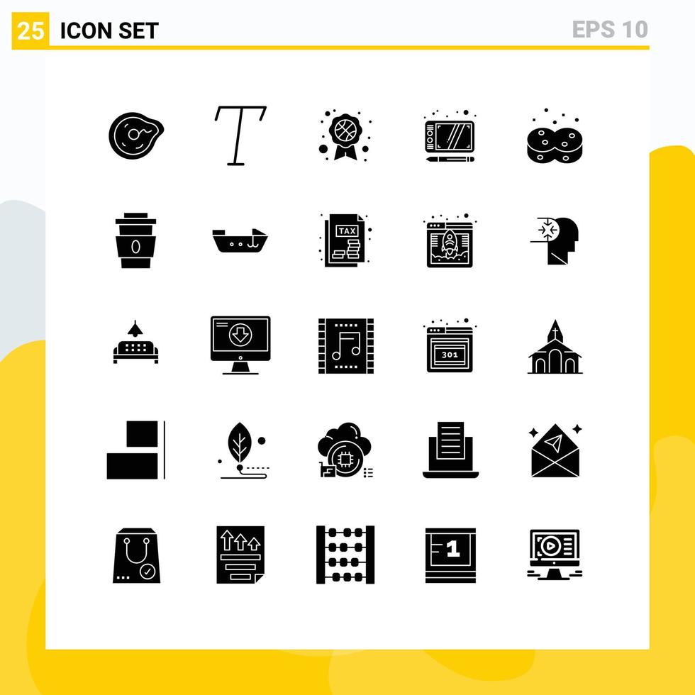 ensemble de 25 glyphes solides vectoriels sur la grille pour les éponges à café insigne tablette hygiénique éléments de conception vectoriels modifiables vecteur