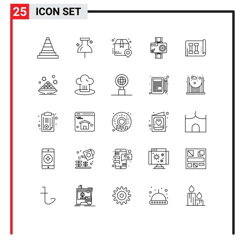 pack de 25 signes et symboles de lignes modernes pour les supports d'impression Web tels que l'équipement de livraison vidéo appareil photo numérique éléments de conception vectoriels modifiables vecteur