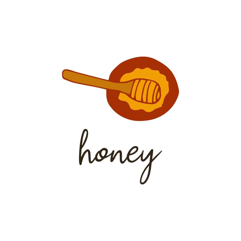 cuillère à miel dans une assiette. vecteur dessiné à la main isolé