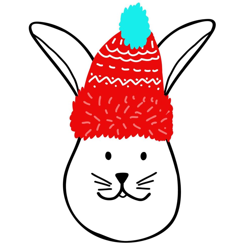 jolie tête de lapin souriante avec bonnet de noel rouge, symbole dessiné à la main du nouvel an 2023 dans un style doodle, impression pour textile pour enfants, décoration d'intérieur de chambre, affiche, autocollant, logo, design de mode pour bébé vecteur