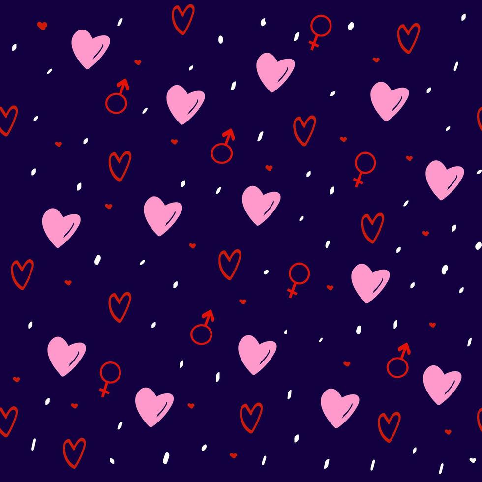 motif sans couture avec coeurs dessinés à la main sur fond sombre, décoration de la Saint-Valentin, impression romantique, peut être utilisé pour le papier peint, le papier d'emballage, la couverture, la conception de tissu, la carte postale, la page Web vecteur