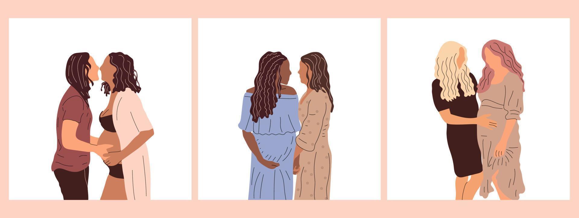 ensemble de trois couples, grossesse, concept lgbtq. jeune femme fille lesbienne dessin animé couple. bonne nouvelle et illustration du bonheur de la maternité vecteur