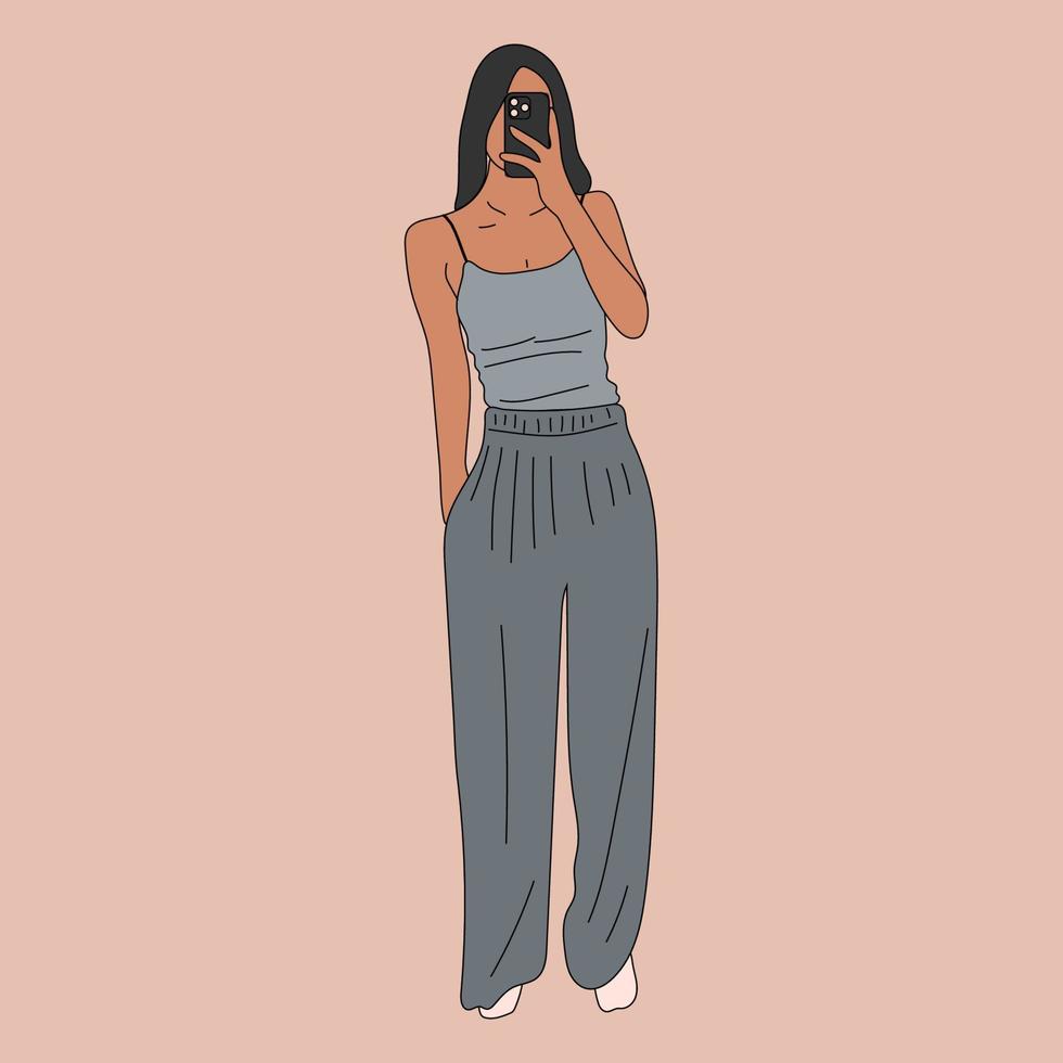 belle jeune femme prenant selfie en pyjama. illustration vectorielle dessinés à la main. style bande dessinée. vecteur