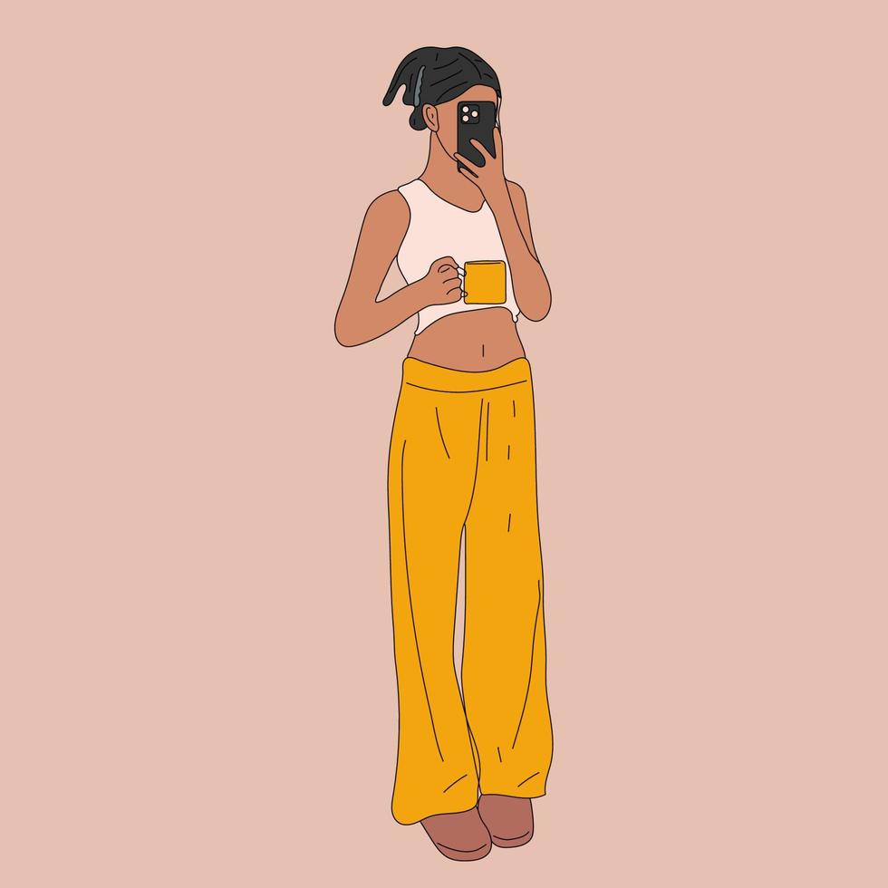 belle jeune femme prenant selfie en pyjama. illustration vectorielle dessinés à la main. style bande dessinée. vecteur